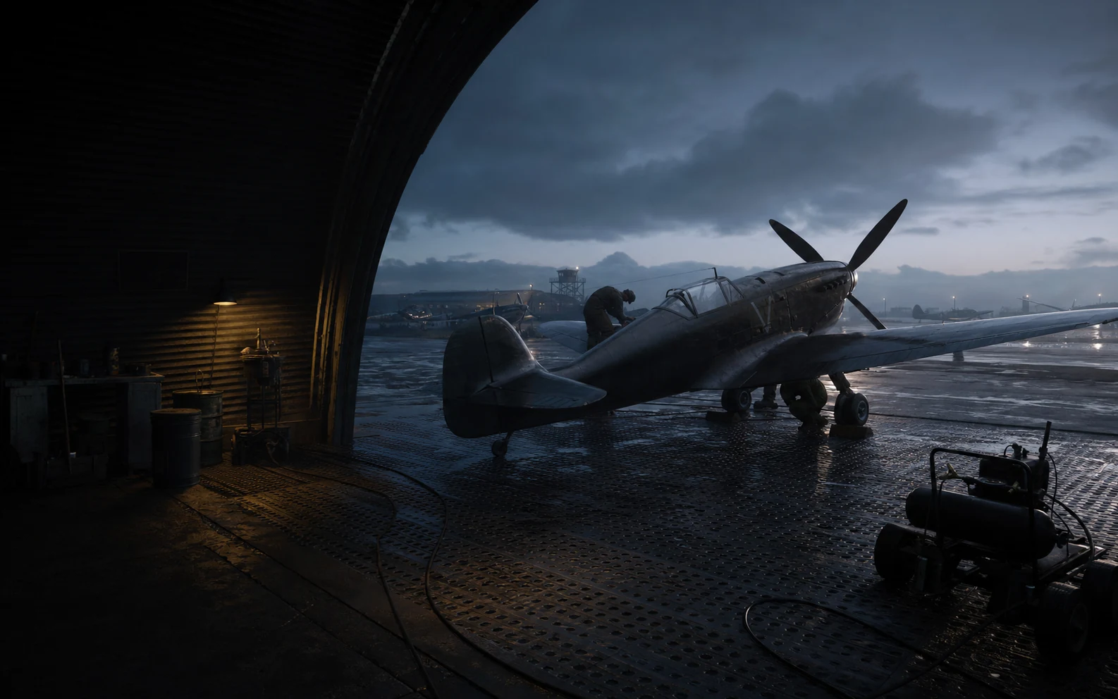 Ground crew service a 1940s fighter aircraft at a wet airfield before dawn.